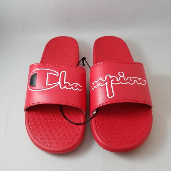 NEW Men's Sz 12 Split Script Super Slides Red - Picture 1 of 9
